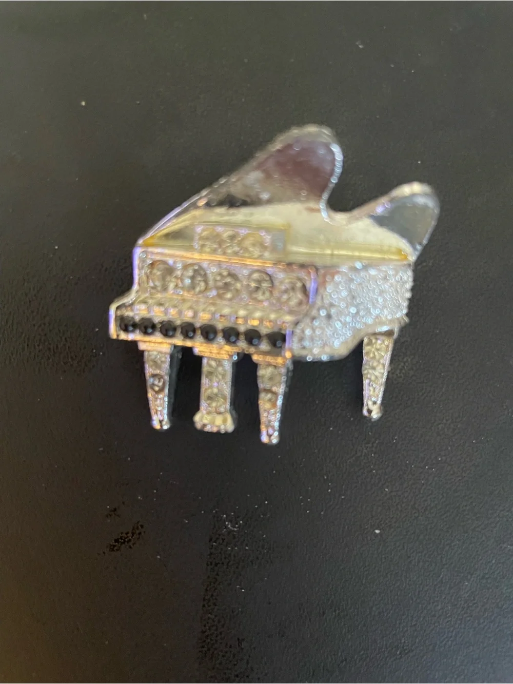 Piano-shaped Rhinestone Brooch - Silver with Black Accents- Unisex